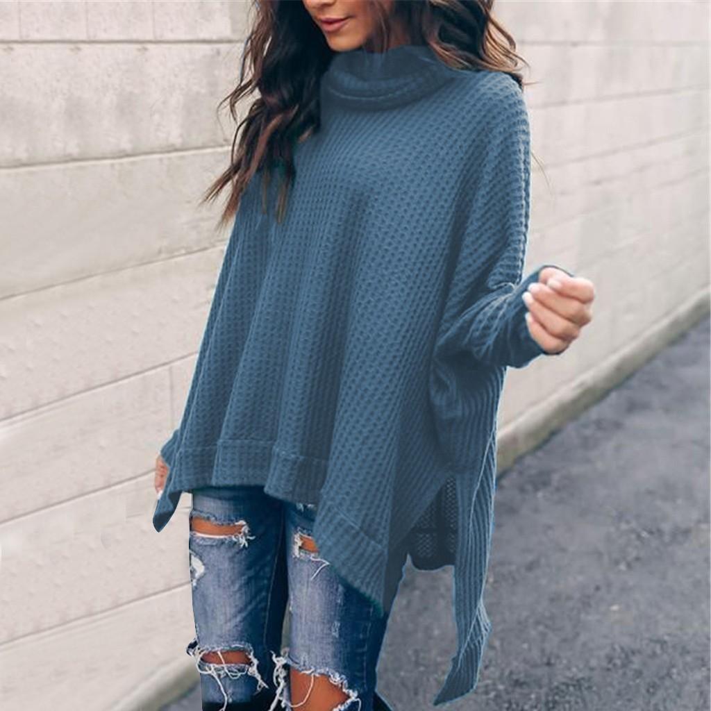 Women Color Asymmetric Neck Long Sleeve Knitted Sweater XL синий