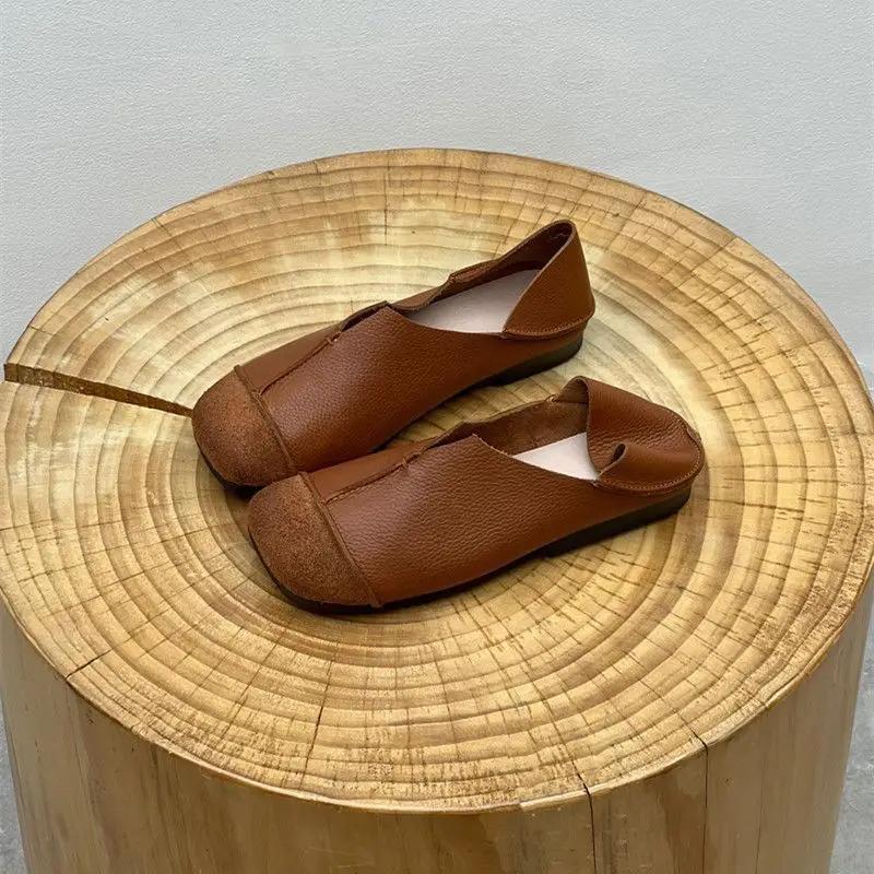 Brown Leather Pure Handmade Shoes  The Retro Art Mori Girl Shoes Women's Casual Flats Shoes Two Way To Wear