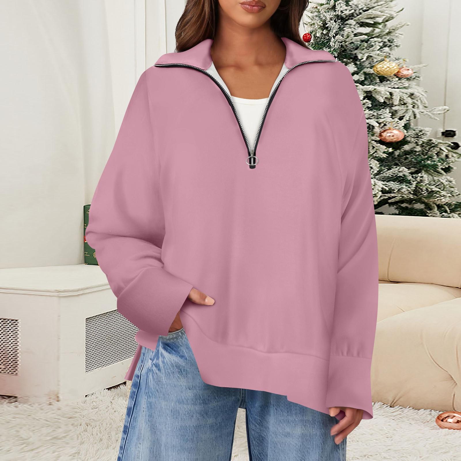 Женский повседневный однотонный пуловер с застежкой-молнией на лацкане и боковыми разрезами, модная одежда XXL