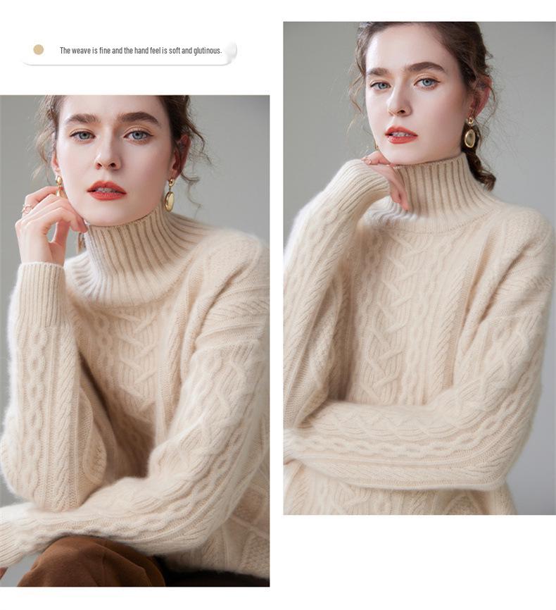 Heavyweight High-Neck Cashmere Sweater: Women's Retro Autumn/Winter Loose Cable Knit Base Layer