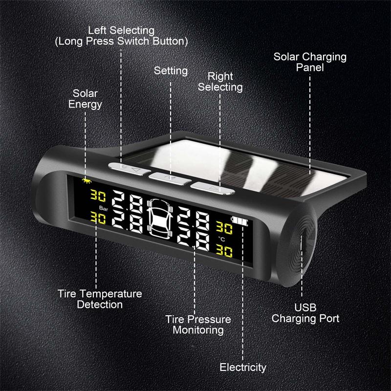 4 senzori Auto Tpms Sistem de monitorizare a presiunii în pneuri Afișaj digital LCD alimentat solar Tester de alarmă de securitate auto Test auto