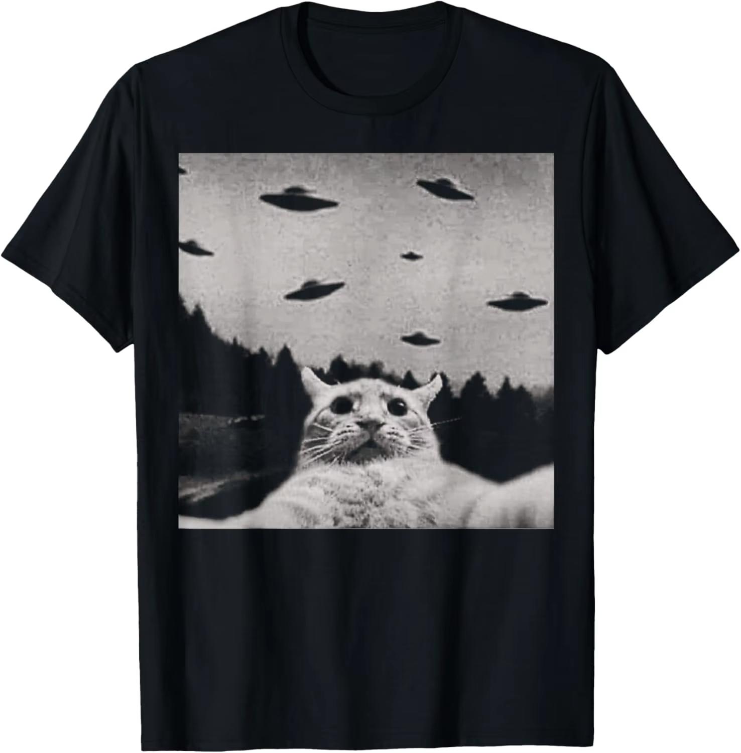 

ThreadWeird Alien Cat UFO T-Shirt Classic Fit Round Neck Black Adult T Shirts for Women Harajuku Luxus Marken Playeras De 82975 4XL