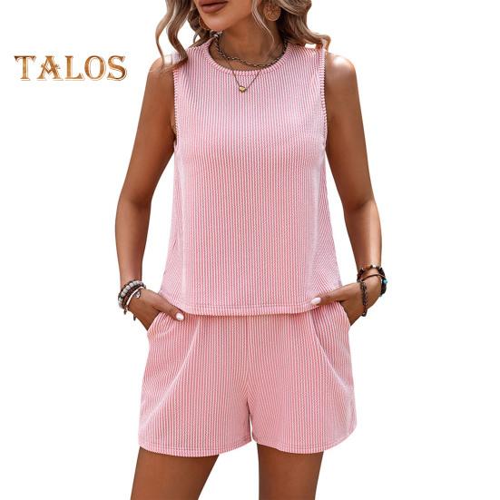 

Женский полосатый комплект из двух частей: майка без рукавов и шорты с эластичным поясом и карманами, повседневный спортивный костюм для отдыха на пляже, уличная одежда M светло-розовый