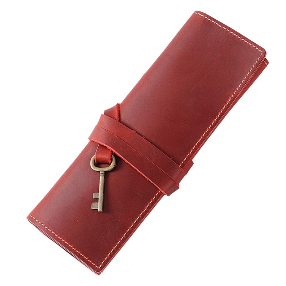 

Retro Design Leather Pen Case Simple Literary First Layer Cowhide Pencil Roll Bag Multi-Compartment Elastic Closure