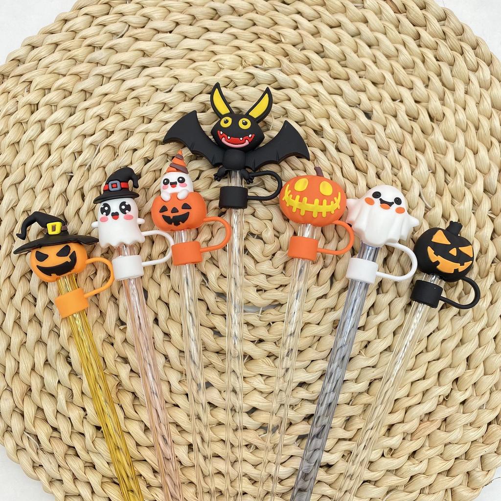 7-Piece Halloween Straw Cap Set with 10mm Dust Plugs - Decorative Accessories for Parties