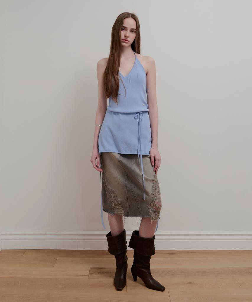 Aobteu Layered Halter Neck Knit - Sky
