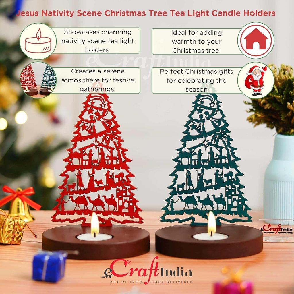 Jesus Krippe Weihnachtsbaum Teelicht Kerzenhalter(Set aus 2 Holz Rot Grün)Teelichthalter|Weihnachtsdekorationsartikel