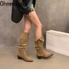 Fashion Thick Heel Pleated Women Knee High Boots Sexy Pointed Toe Stripper Party Shoes Slip On Modern Long Botas Para Mujer