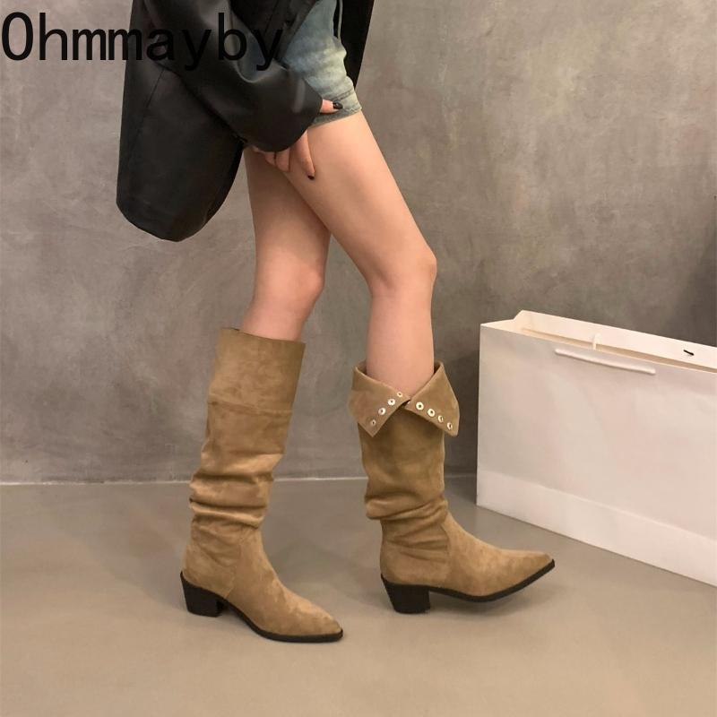 Fashion Thick Heel Pleated Women Knee High Boots Sexy Pointed Toe Stripper Party Shoes Slip On Modern Long Botas Para Mujer