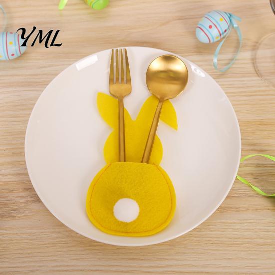 Felt Tableware Organizer 4 Pcs Easter Bunny Cutlery Holders, Pouch Bags, Cute Rabbit Utensil Plush Tail Table Settings Sleeve, Spring Fork Spoon Knife