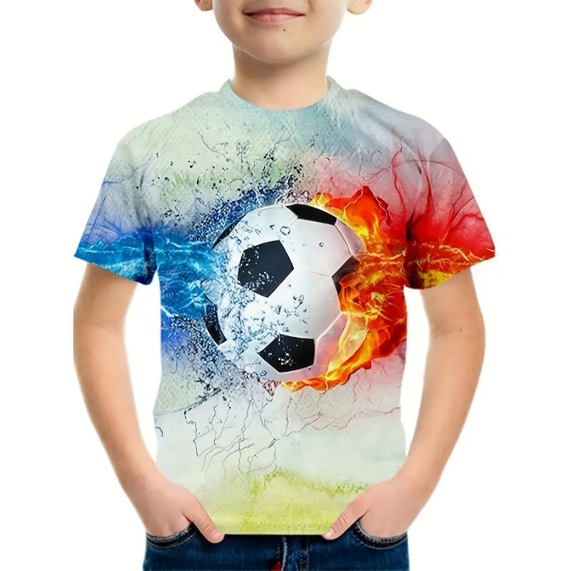 Summer Round Neck 3D Flame Football Printed Top Fashionable Casual Short Sleeved Children's Boy T-shirts
