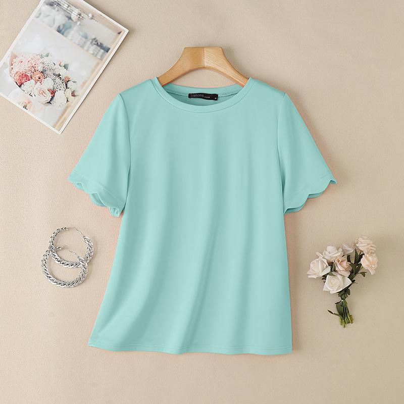 

ZANZEA Женская повседневная летняя блузка с круглым вырезом и коротким рукавом M синий