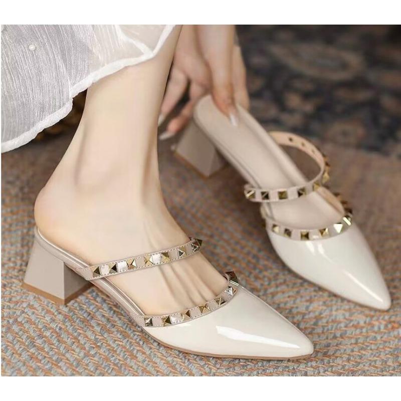 Rivet pointed shoes summer new shallow thick heel half slippers women's outer wear with skirt women's shoes