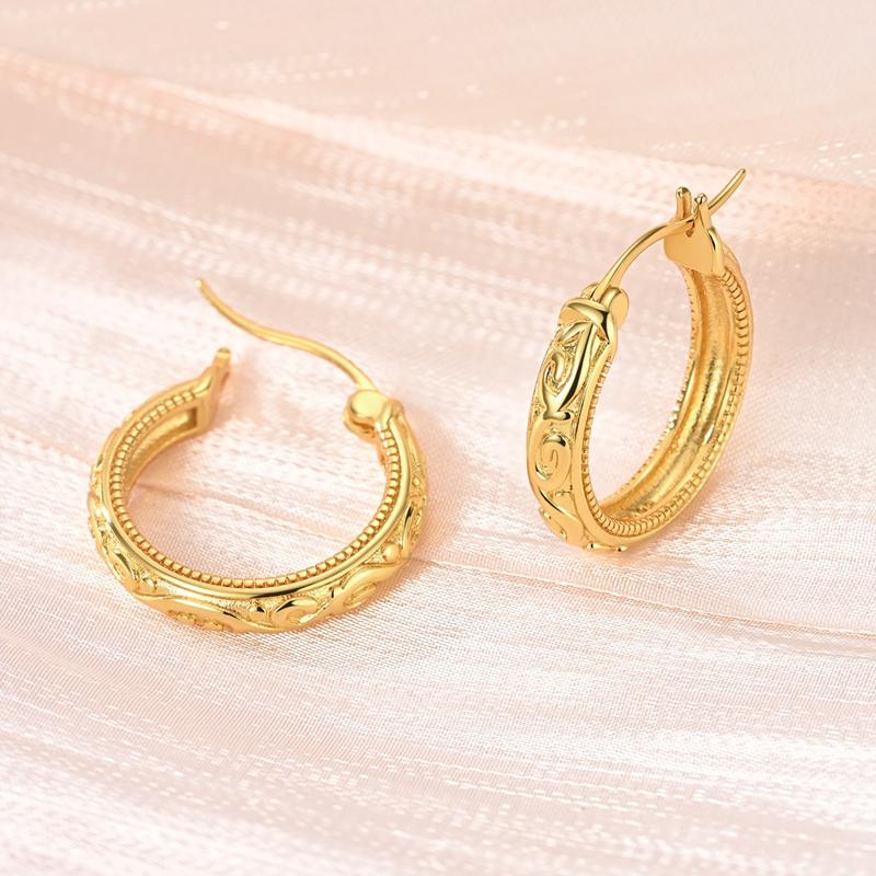 Original 925 Sterling Silver Retro Arabesque Pattern Hoop Earrings For Women Vintage Style Jewelry Gift
