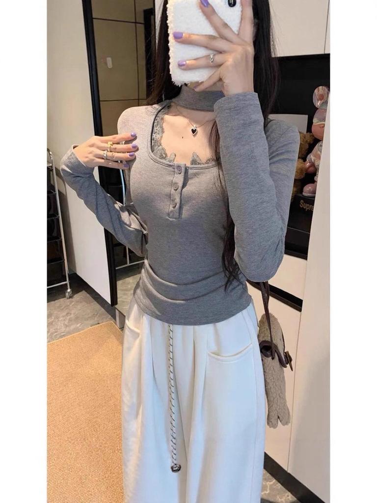 Koreanischer Stil Neckholder Quadratischer Ausschnitt T-Shirt für Damen - 2025 Herbst/Winter Amerikanische Nische Einfarbig Spitze Patchwork Trendiges Oberteil
