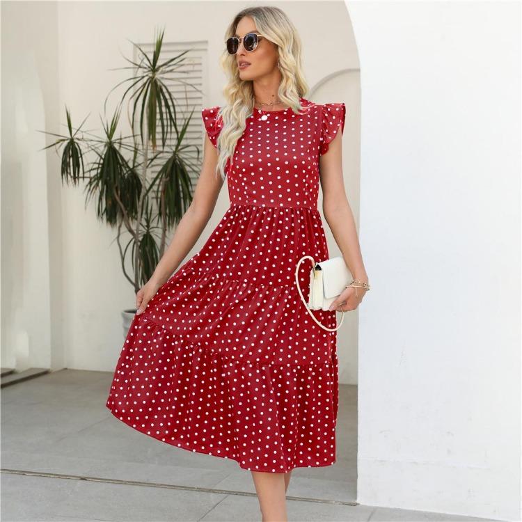 Summer Women Long Dress Polka Dot Print Round Neck Ruffled Sleeveless
