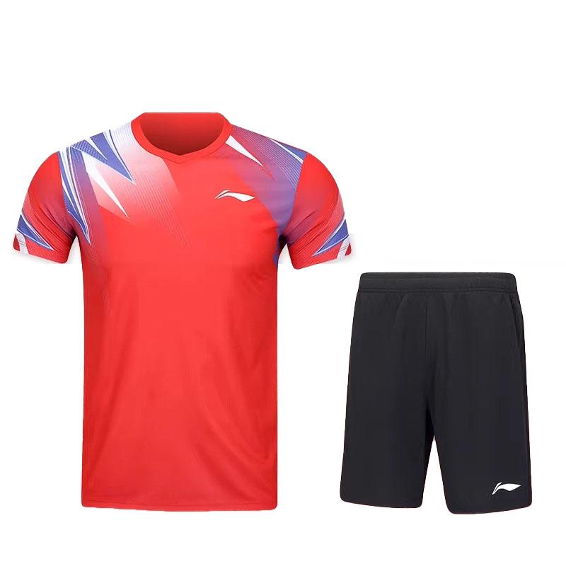 Li Ning Badminton Series Geometric Lines Quick-Dry Cool Casual Sports Suit Unisex Sports Suit Cinnabar-Red AATV011-4
