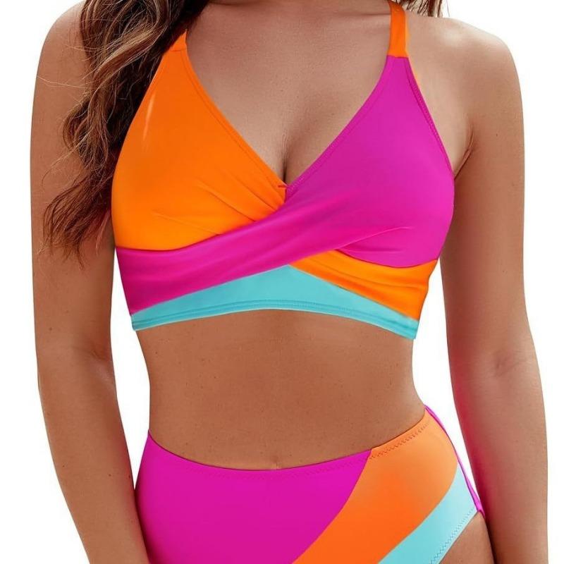 Contrasting 2-piece Swimsuit Women's Straps Cross Bra Top Swimsuit Women's Beach Vacation Swimsuit Bikini Set