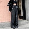 Pantalones de Moda Urbana Negros de Cuero PU de Pierna Ancha para Mujer Sólidos Rectos Sueltos Casuales Pantalones Elegantes de Cintura Alta Ajustados Vintage para Dama 25620