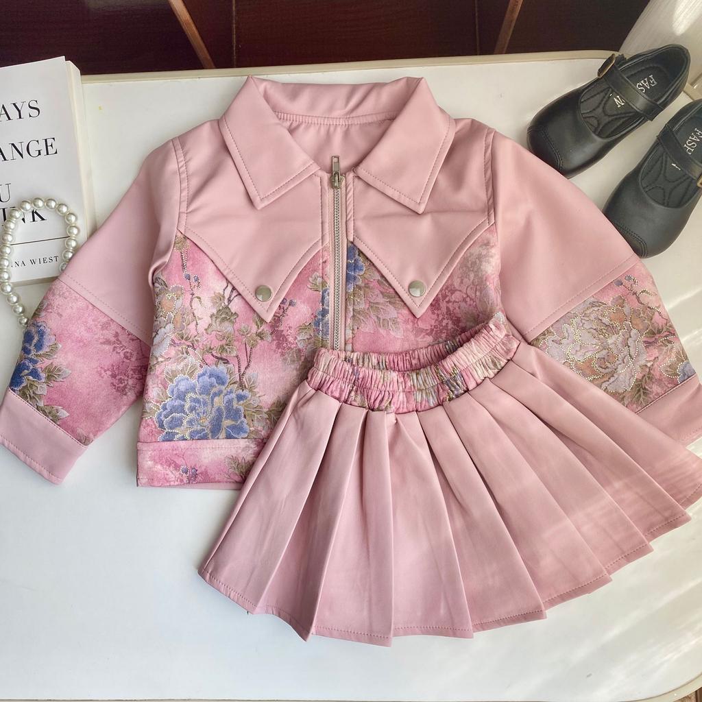 Girls' Autumn PU Leather Biker Outfit: Korean-Style Jacket & Pleated Skirt Set