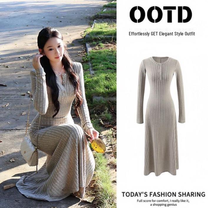 Elegant French Knit Dress - Slimming Waist, Body-Conforming, Long Style for Early Spring Medium
