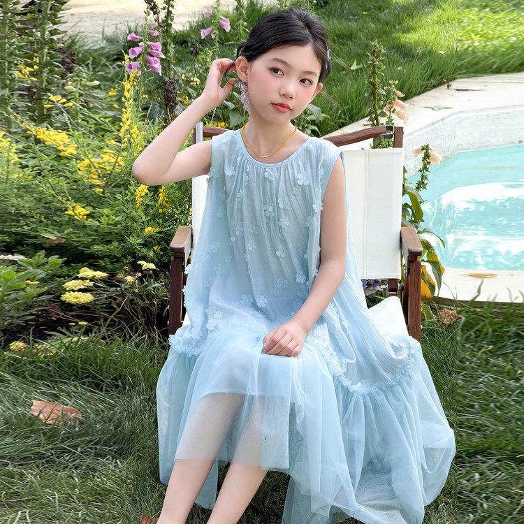 2026 Girls  Sleeveless Yellow Mesh Princess Dress - Mid-Length Summer Skirt 120 cm