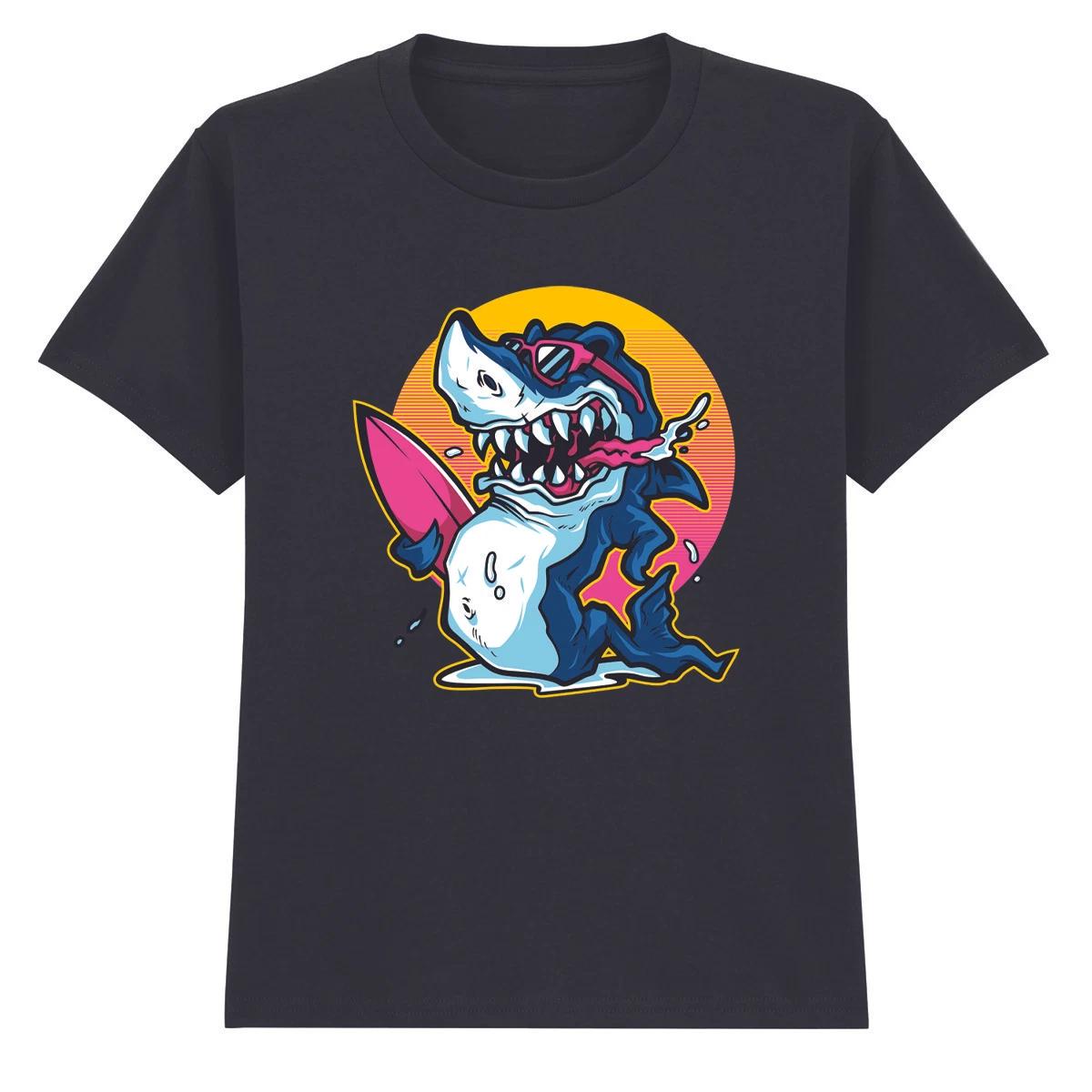 Shark Surfing Retro Kids T-Shirt Boys Girls Ocean Adventure Tee 100