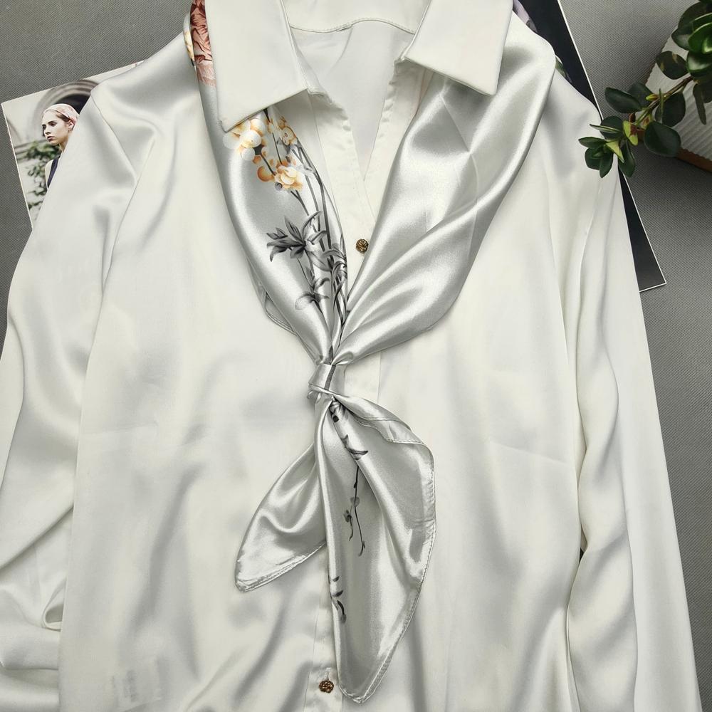 Silver White Silk Scarf Headscarf For Women Elegant Chinese Rose Silk Big Square Scarves Shawl Fashion Hair Silk Scarf