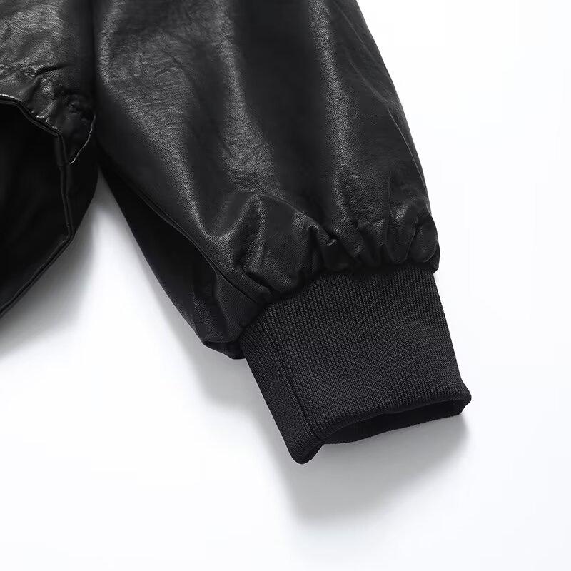 2024 Autumn Women's European & American Style Faux Leather Hooded Sweatshirt Coat