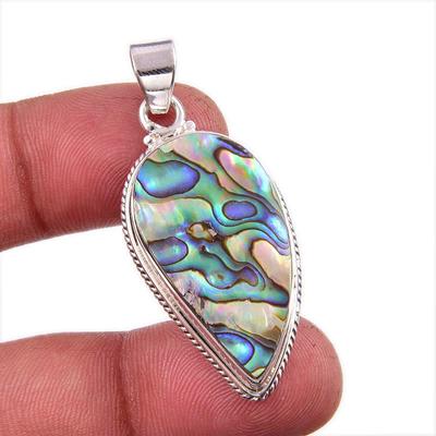Natural Abalone Shell Gemstone 925 Solid Sterling Silver Jewelry Pendant 2" L1t01
