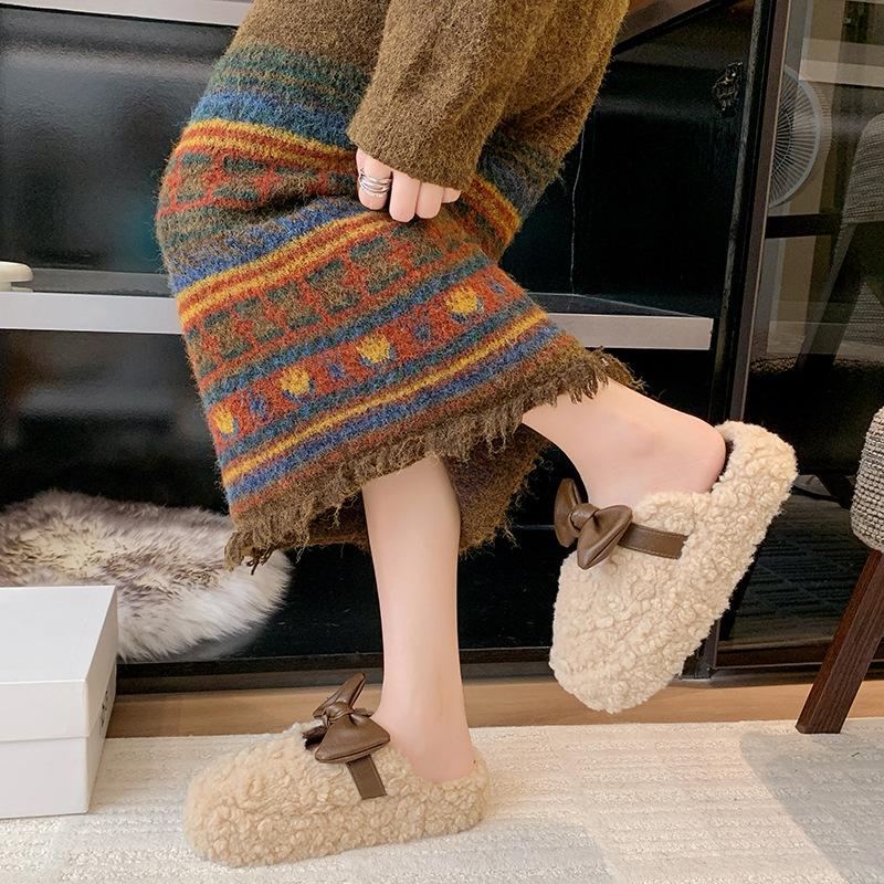 Bow Leopard Print Fluffy Shoes for Women's Outer Wear 2025 Autumn and Winter Sweet and Warm One-pedal Cotton Drag Velvet Bean Shoes