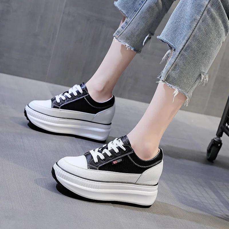 8CM Genuine Leather Women Casual Shoes 7cm Platform Wedge Female Women Sneakers Chunky Spring Autumn Shoes Summer