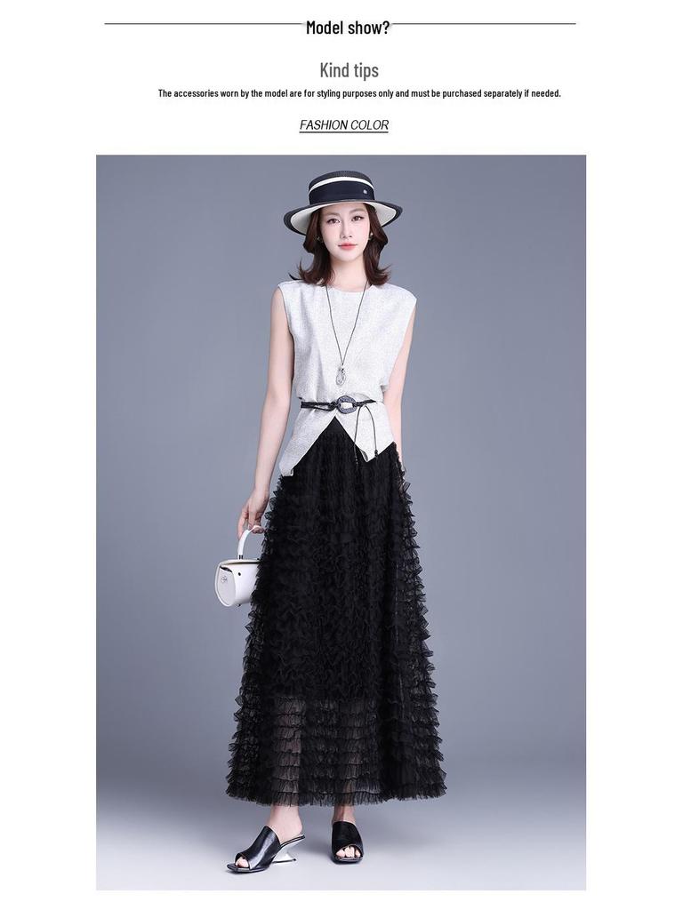 Elegant Mesh Fluffy Cake Skirt - Spring 2026 A-Line Midi with Wide Hem