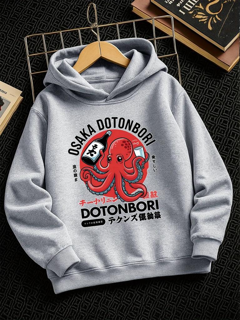 Kids Japanese Osaka Dotonbori Octopus Hoodie Cartoon Graphic Print Pullover Sweatshirt Cute Streetwear Casual Hooded Top Autumn