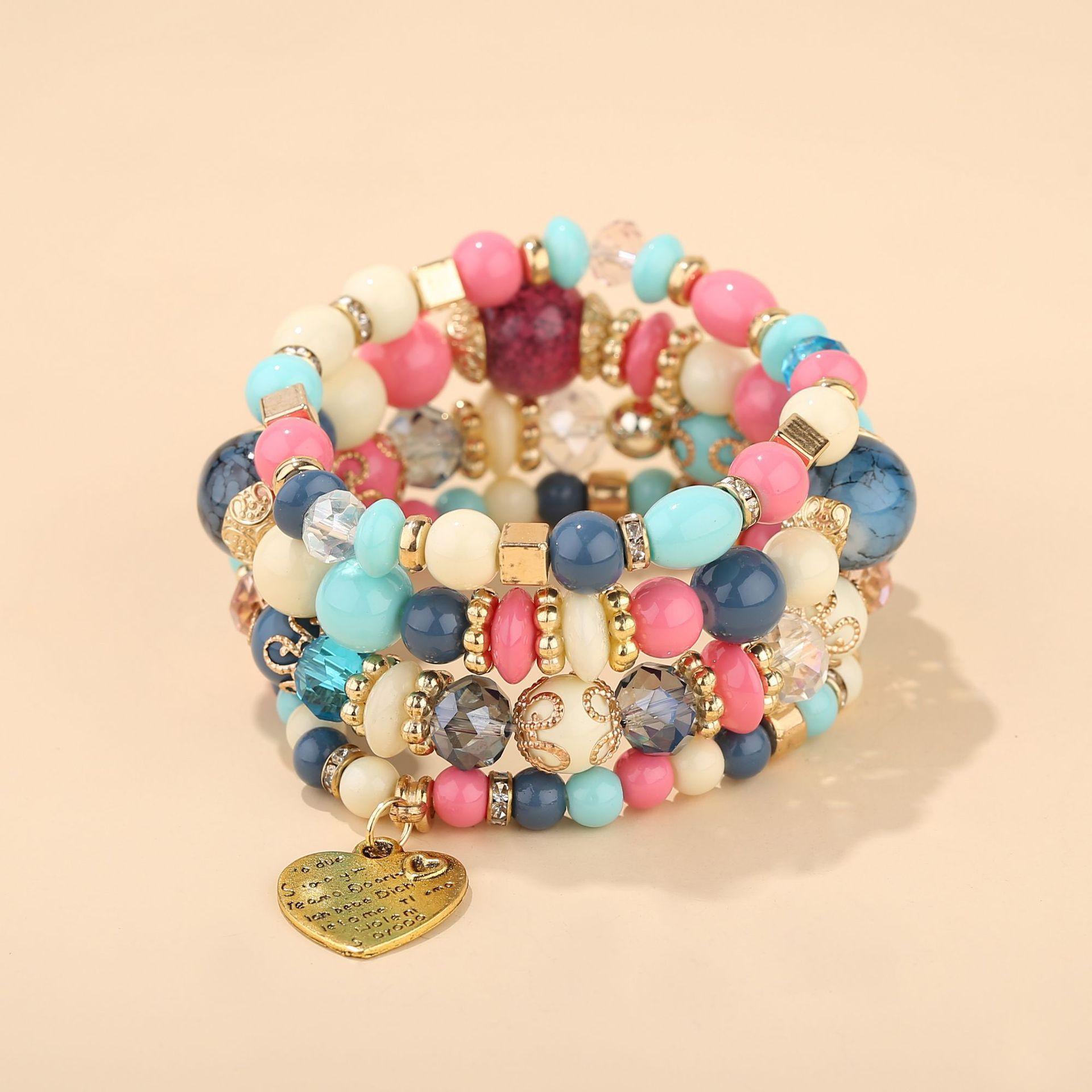 Bohemian Multi-layer Wooden Bead Bead Bracelet One Size розовый