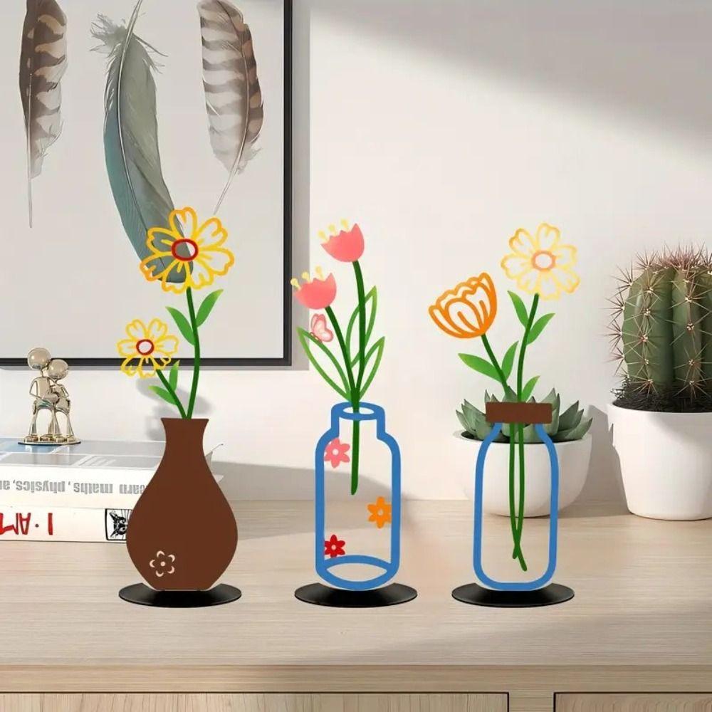 1/3Pcs 2D Flat Flower Vase Ornaments Color Printed Art Decor Crafts Decorative Ornaments Metal Vase Decorative