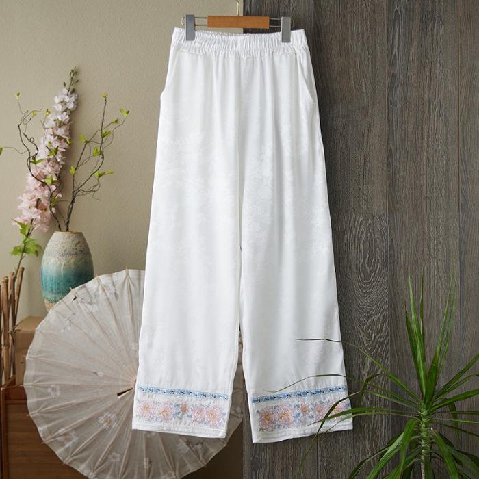 

New 2025 Chinese National Style Jacquard Embroidered Loose Plus Size Straight Leg Pants XL белый