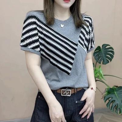 Cotton Patchwork Striped T-shirt for Summer Fashion Stylish Short Sleeved Round Neck Top for Women