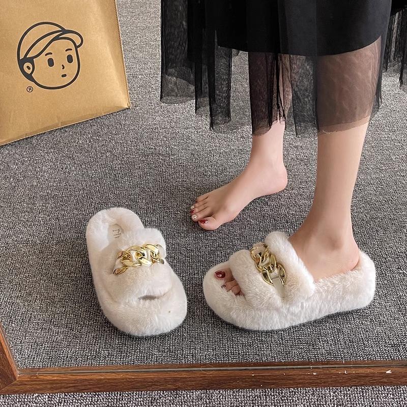 Height heel thick bottom fluffy slippers women wear autumn and winter cotton drag chain Internet celebrity popular plush slippers spring and summer