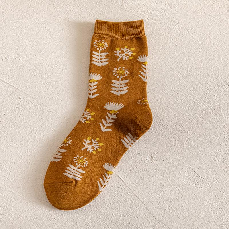 Vintage Floral Print Middle Tube Socks For Women Soft Cotton Autumn Spring Harajuku Japanese Socks Female Girl Casual Long Sock