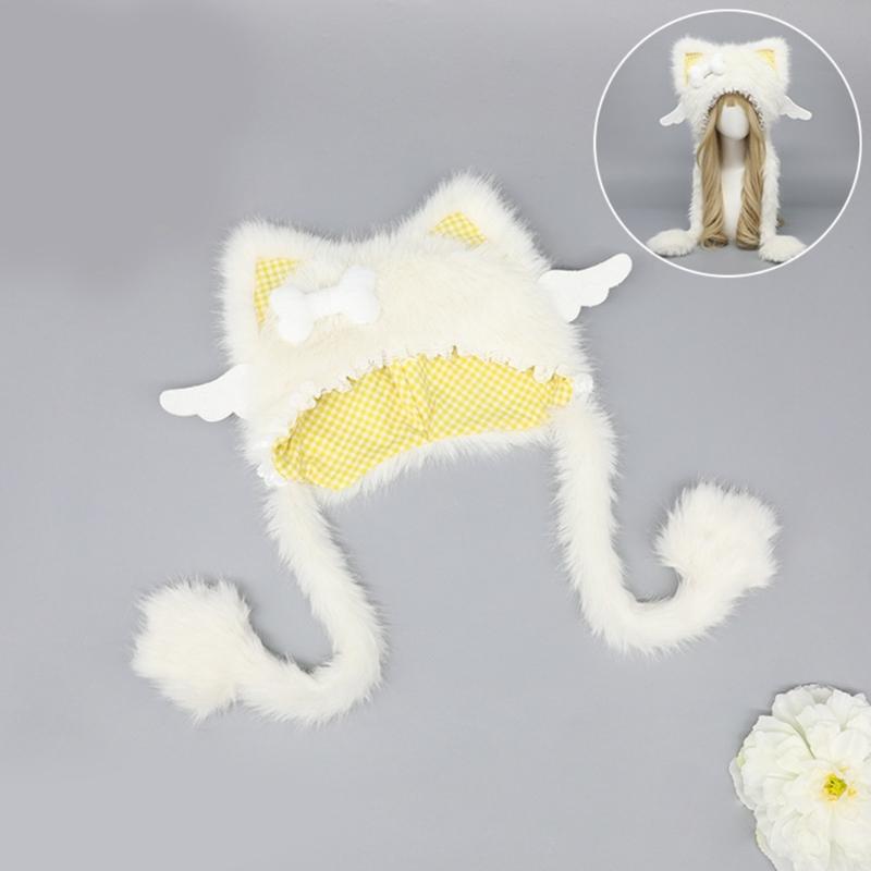 Furry Cartoon Head Cover with Ear for Outdoor Sports Furry Hat Kitten Oversized Headgear Hat for Winter