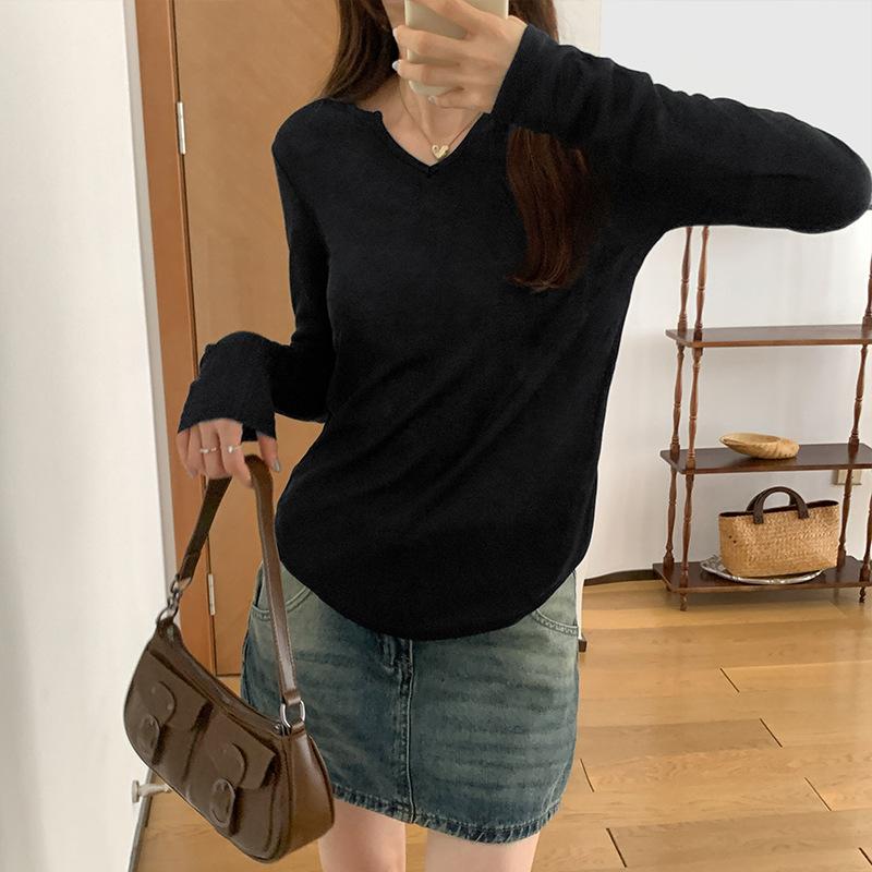 

Женская белая рубашка с V-образным вырезом в корейском стиле, новая осенняя футболка с длинными рукавами, универсальная, мягкая и ленивая внутренняя часть XL