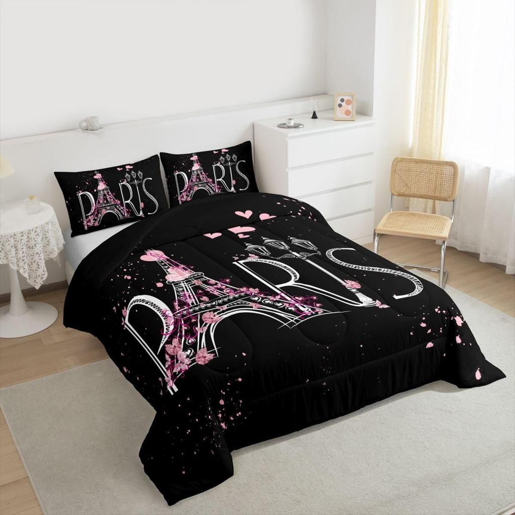 Feelyou Eiffel Tower Comforter Set Chic Paris Bedding Set Romantic Theme Comforter for Boys Girls Children Teens Black Pink Bedroom Decor Mo