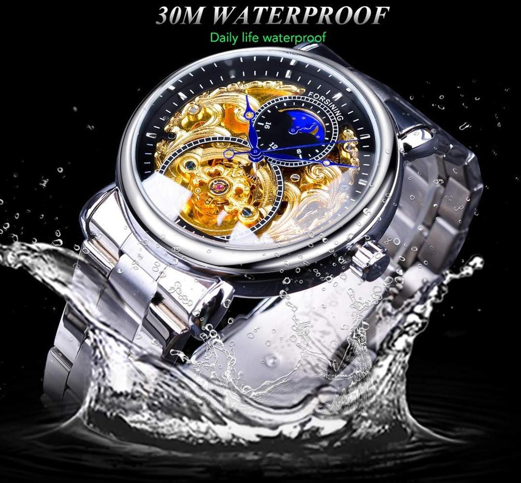 FORTINING Herren Automatische Analoguhr, Mode Skelett Tourbillon, Wasserdicht Mondphase Leder Mechanische Uhr (Silber & Schwarz & Stahlstreifen)