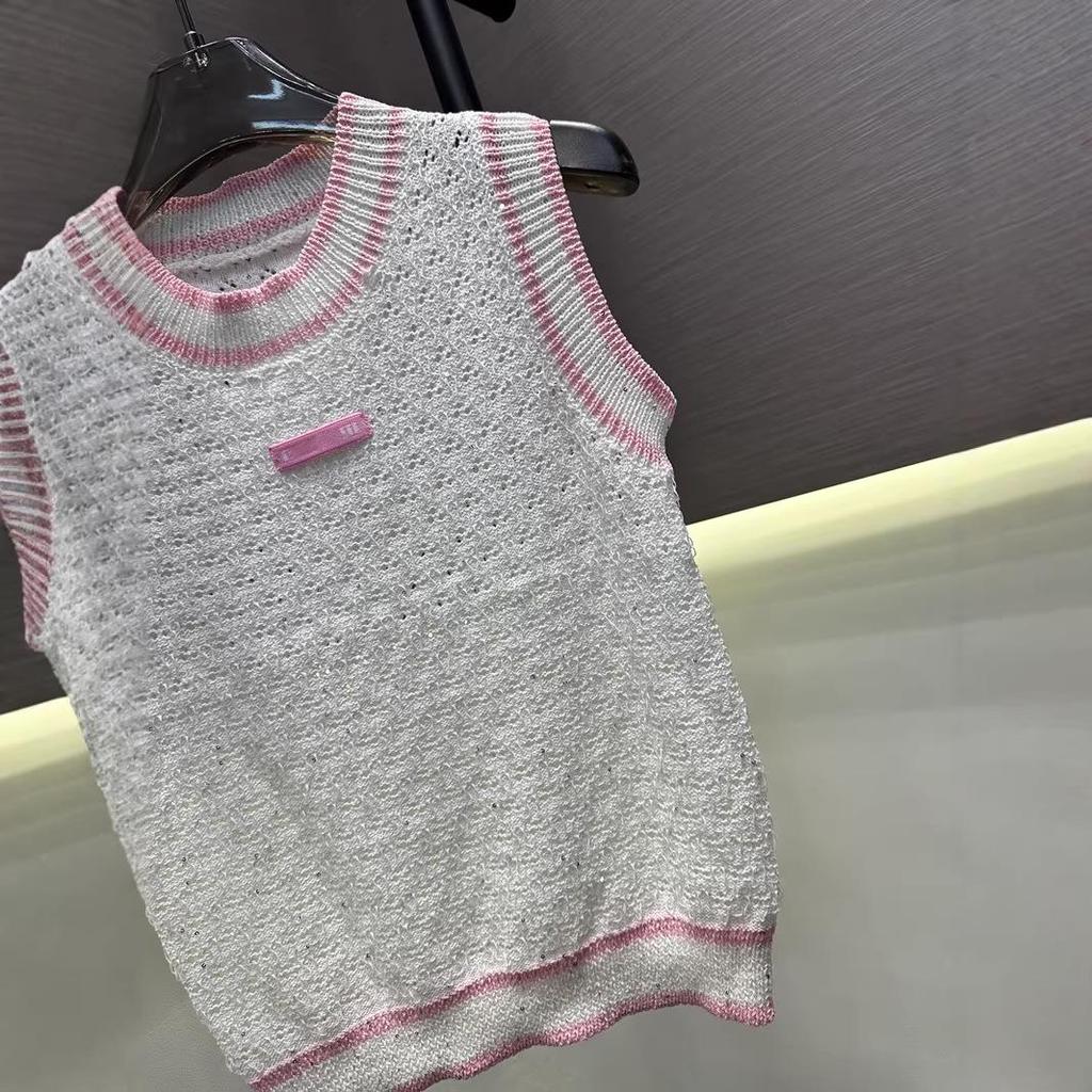 2026 Pink Beaded Crochet Knit Round Neck Slim Vest
