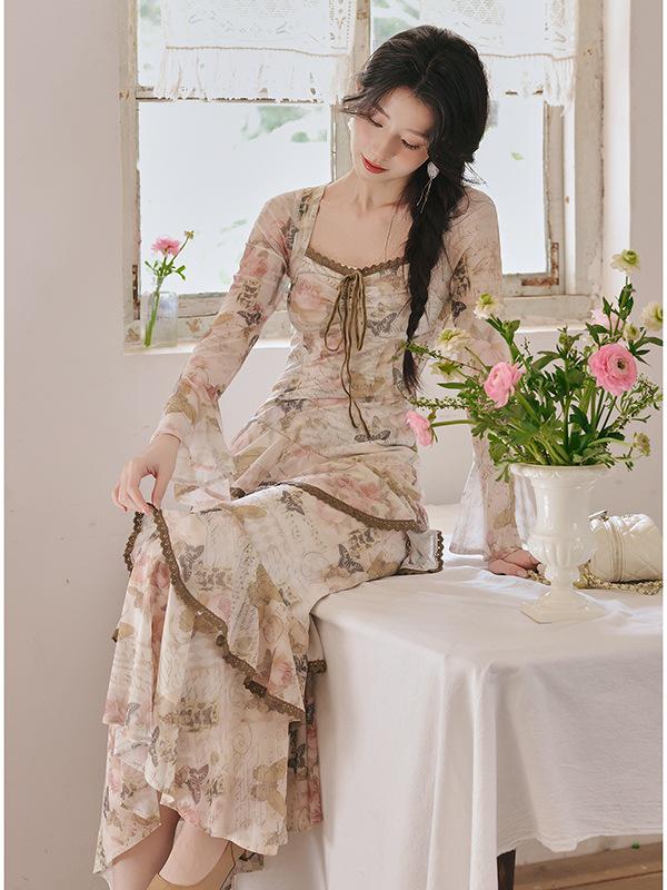 

Women s Vintage Rose Butterfly Print Irregular Swing Dress Large
