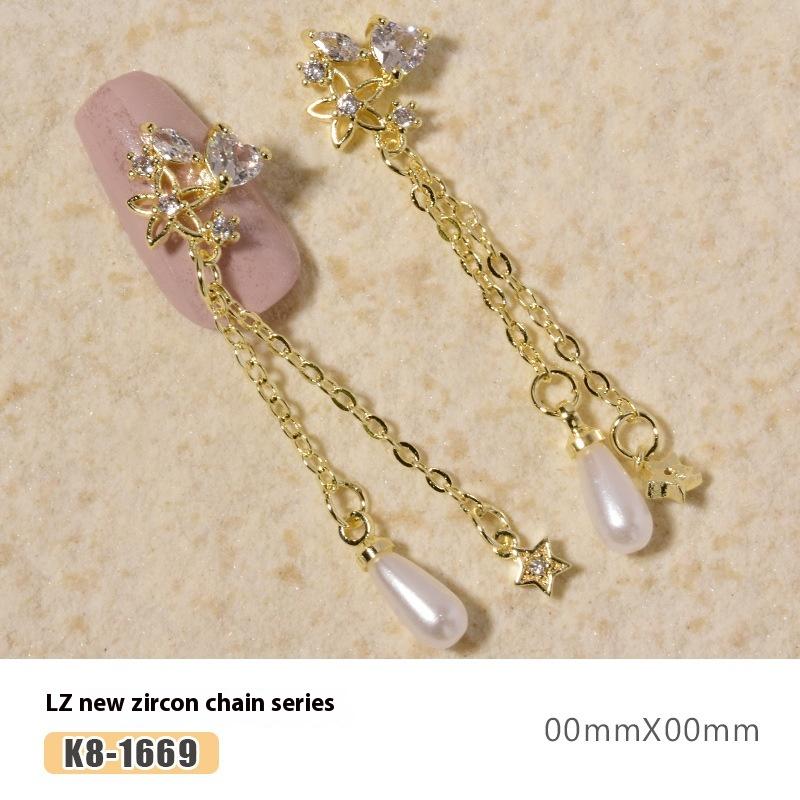 Nail Art Zircon Plated Real Gold Chain Jewelry Pearl Pendant Gold Bow Zircon Chain