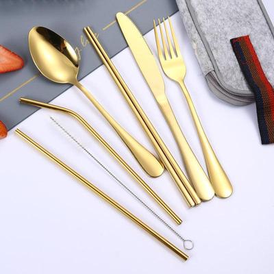 Stainless Steel 7-Piece Portable Cutlery Set: Knife, Fork, Spoon, Chopsticks, Straw & Cloth Bag. Perfect for Outdoor Dining.
