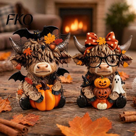 Fine Carving Wood Art 2PCS Highland Cow Ornament, Wooden Rustic Style Figurine, Thanksgiving Home Decoration Theme Art, for Entrance Living Room Decor