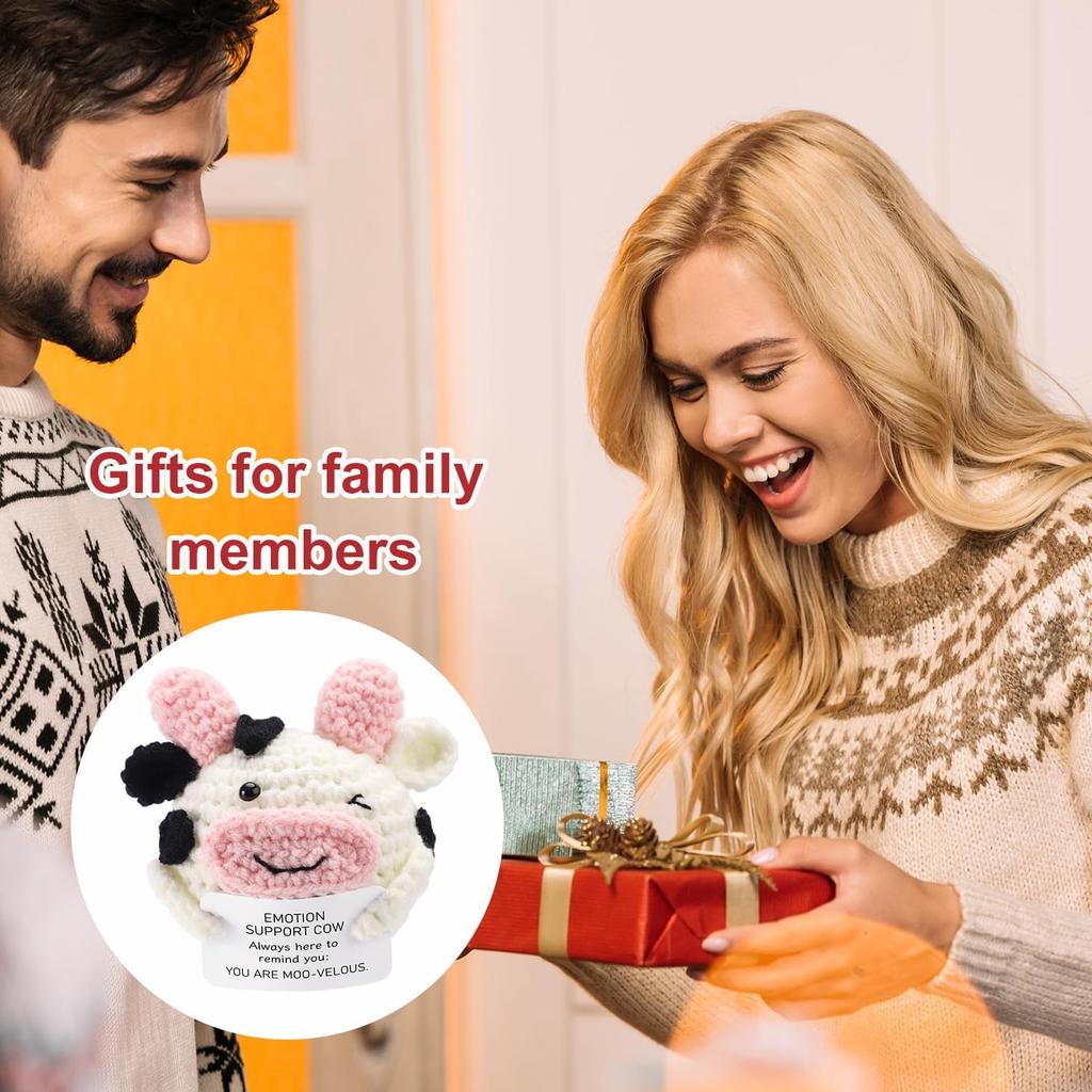 Funny Crochet Positive Energy Cow Doll with Card Home Room Decoration Handmade Knitted Cow Dolls Desk Ornament Christmas Gifts